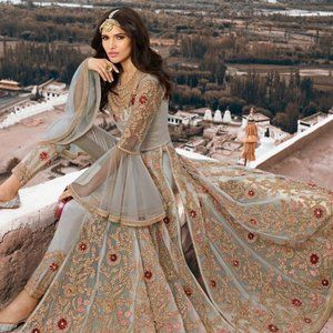 Blue Grey Anarkali Net Pakistani Suit with Trouser Silk Pants and Net Dupatta